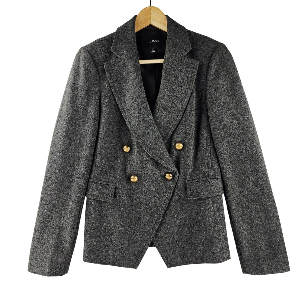 Jacob Double Breasted Blazer Women P/S Grey Gold Button Wool Blend Professional
